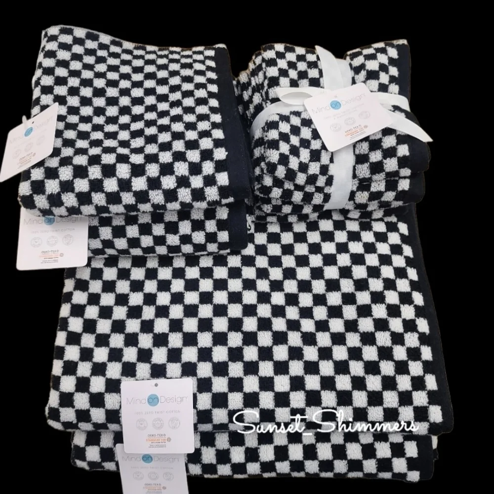 8pc Mind on Design Black White Check Zero Twist Bath Hand Washcloth Towel Set
